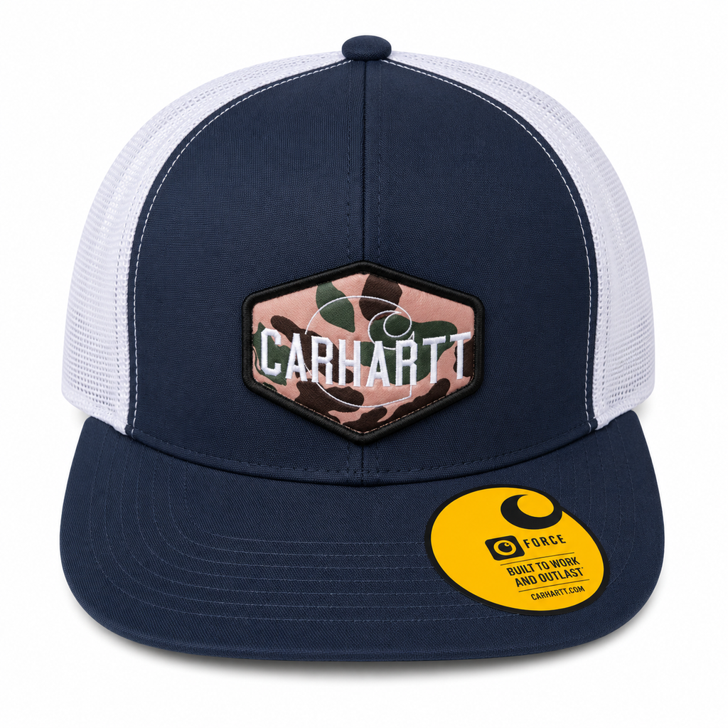 Carhartt Canvas Mesh Back Logo Cap OS Blue White Trucker Hat Adjustable NWT