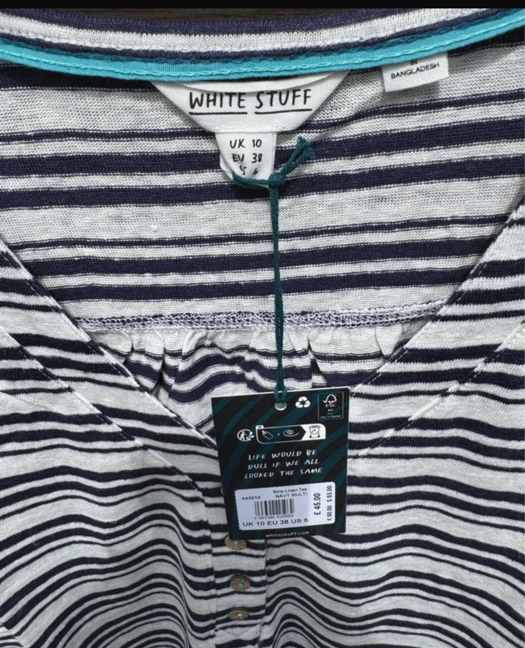 White Stuff navy/white linen top