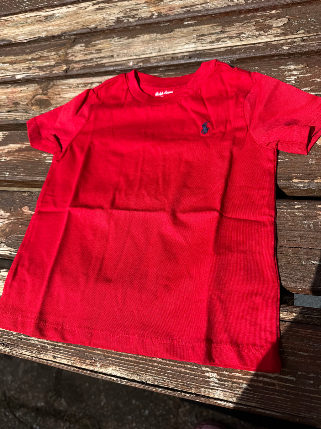 Ralph Lauren Kids Bright Red Crew Neck T‑Shirt – Embroidered Navy Pony Logo. 24 months