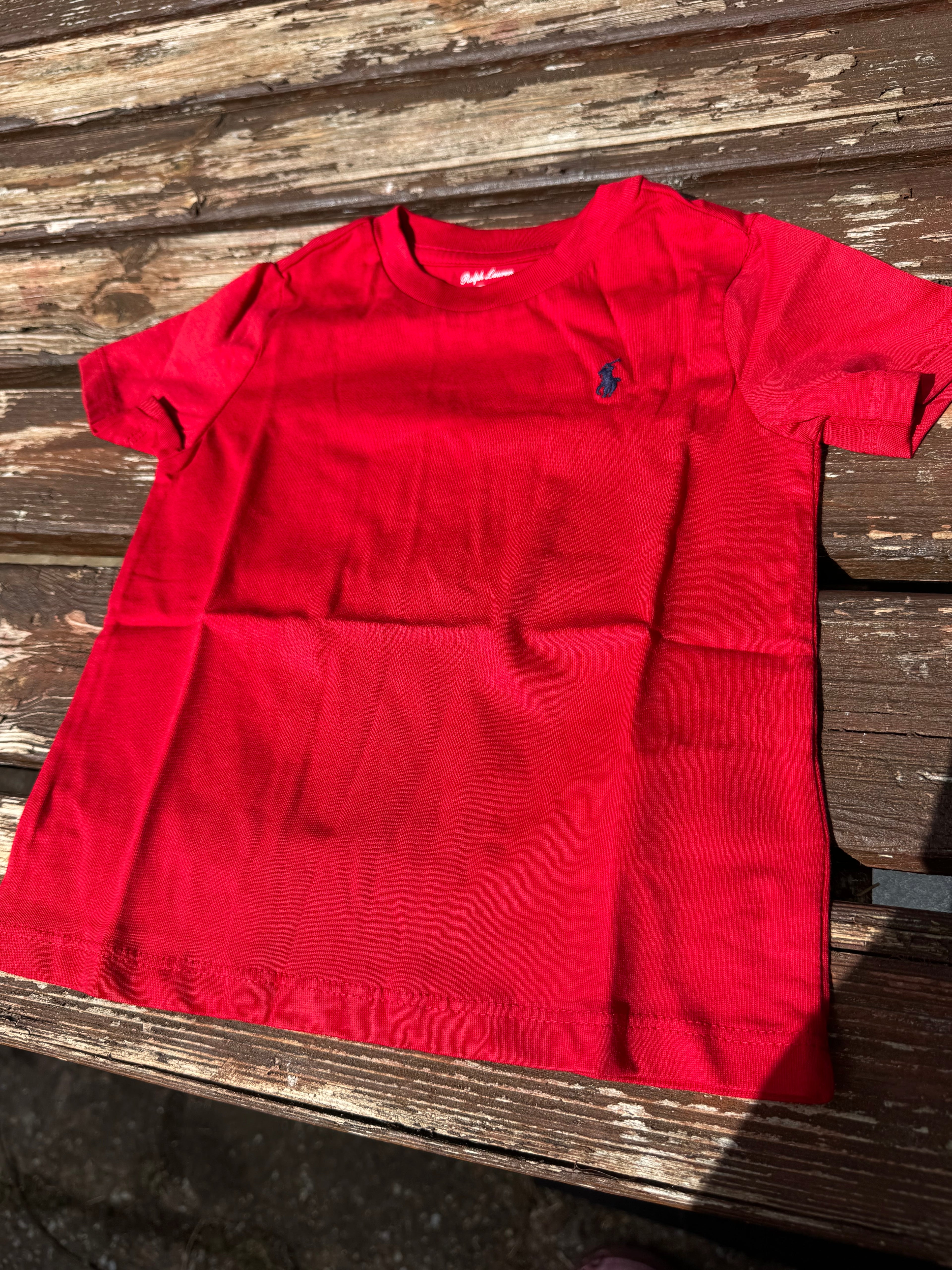 Ralph Lauren Kids Bright Red Crew Neck T‑Shirt – Embroidered Navy Pony Logo. 24 months