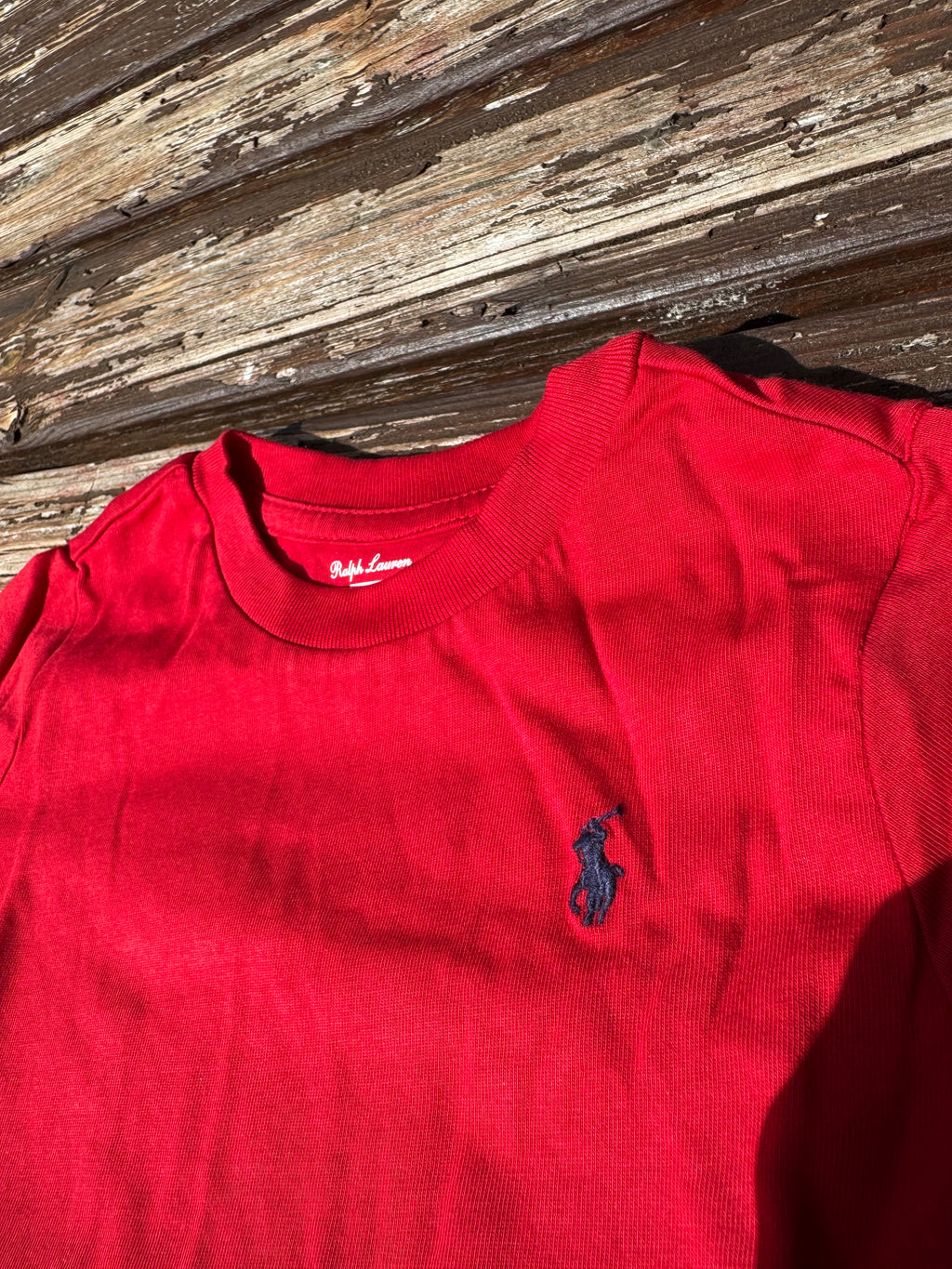 Ralph Lauren Kids Bright Red Crew Neck T‑Shirt – Embroidered Navy Pony Logo. 24 months