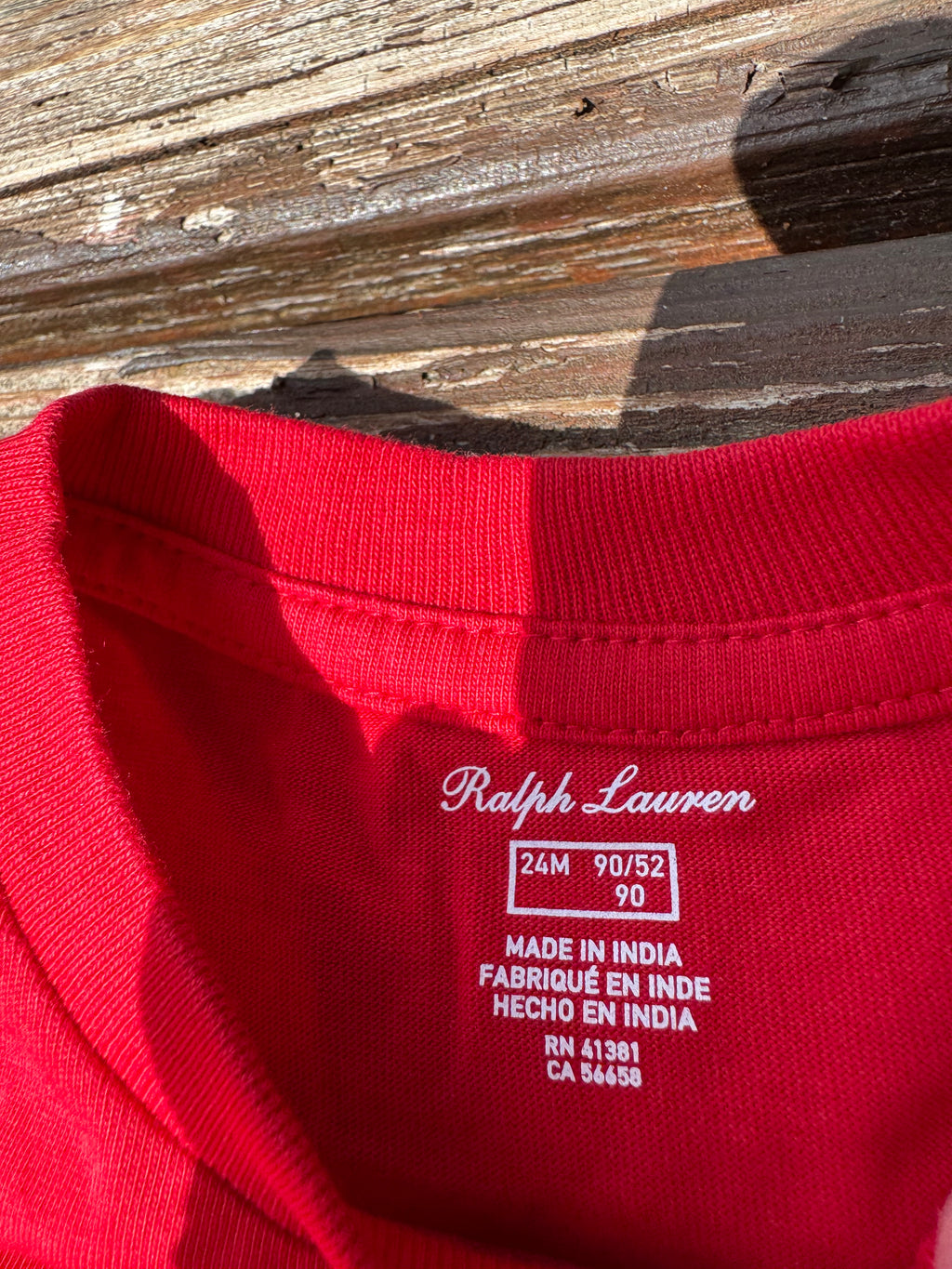 Ralph Lauren Kids Bright Red Crew Neck T‑Shirt – Embroidered Navy Pony Logo. 24 months